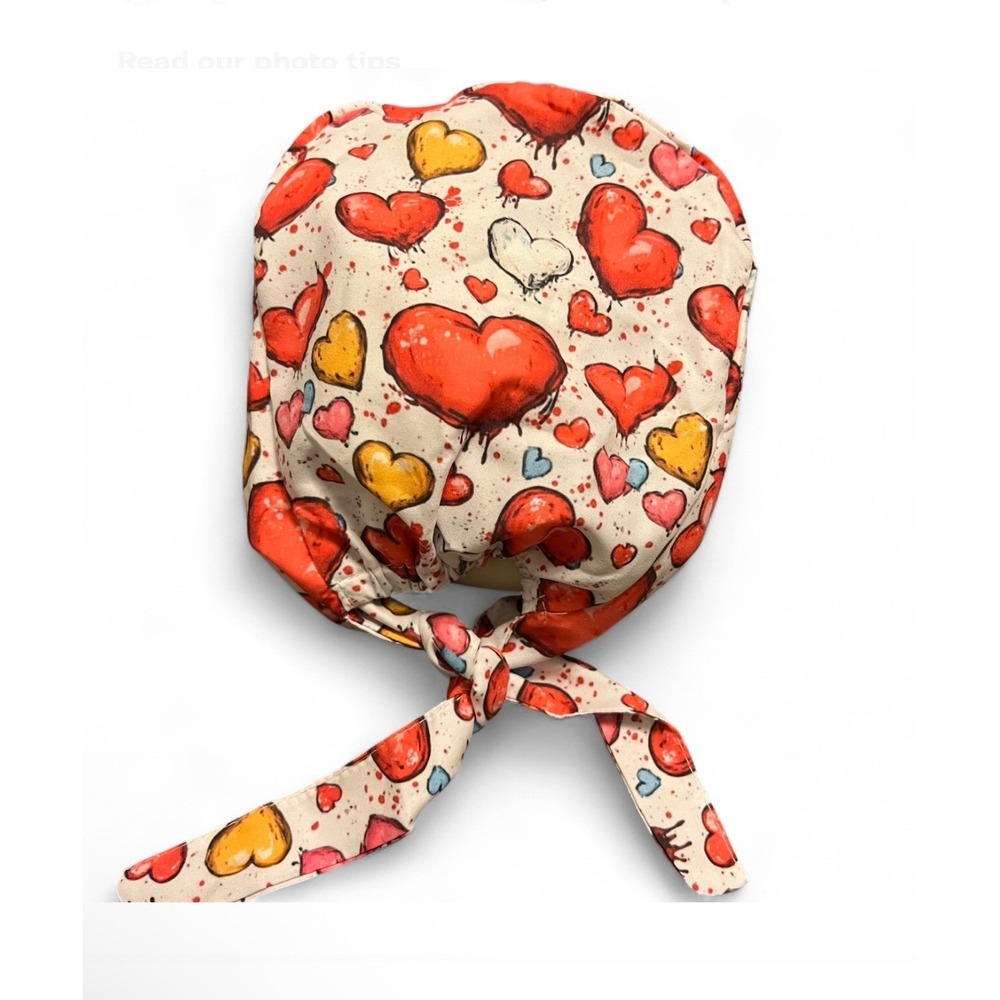 Scrub Cap Hearts Print Designer Bouffant Surgical Hat Tie Back